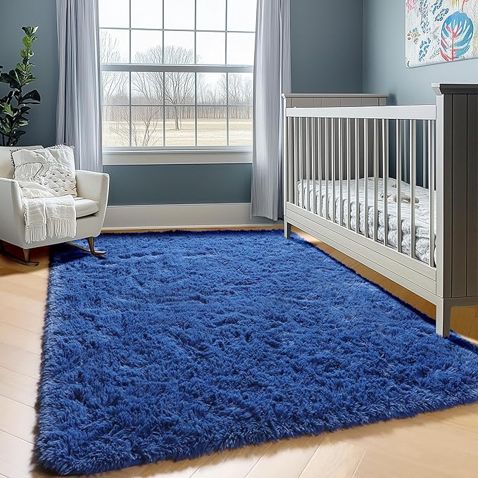 ONASAR Navy Area Rugs for Bedroom Living Room, 4x6 Blue Fluffy Indoor Bedside Floor Rug, Ultra Soft Plush Furry Fuzzy Shaggy Carpet for Nursery Kids Boys Teen Dorm Home Decor Aesthetic