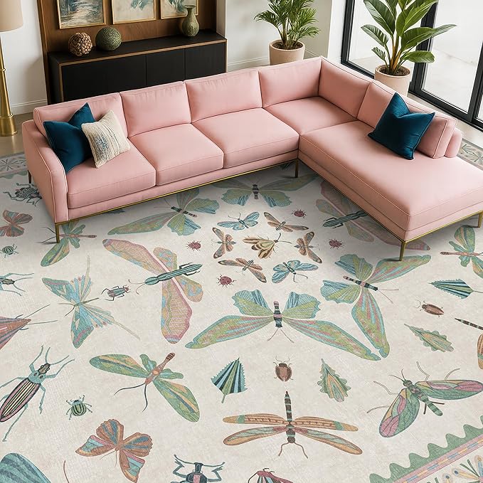 7x9 Green Butterfly Rugs for Kids Bedroom - Washable Insect Area Rug for Living Room, Dining Room Under Table, Boho Girls Room Décor, Low Pile Stain Resistant Carpet
