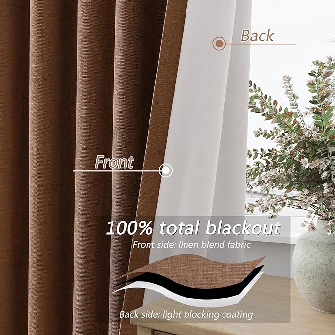Guken Caramel Brown 100% Blackout Linen Curtains 72 Inch Length 2 Panels Set for Living Room Bedroom Back Tab/Rod Pocket Thermal Insulated Black Out Drapes Room Darkening Farmhouse Window Curtains