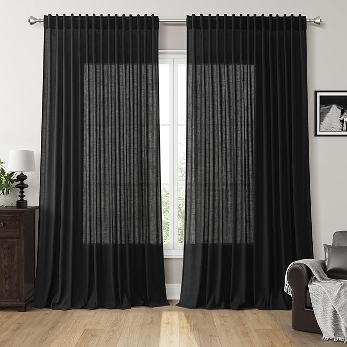 Black Large Window Curtains Light Filtering Semi Sheer Privacy Linen Textured Curtain for Patio Sliding Glass Door Extra Wide Rustic Farmhouse Drapes for Living Room Bedroom Sunroom 100x90 Inch