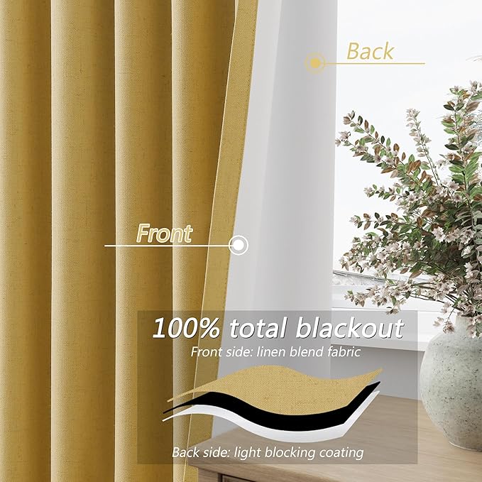 Guken 100% Blackout Curtains 100 Inch Length 2 Panels Set for Living Room Bedroom Back Tab Thermal Insulated Black Out Linen Drapes Room Darkening Window Curtains 100 Inches Long,Gold Yellow
