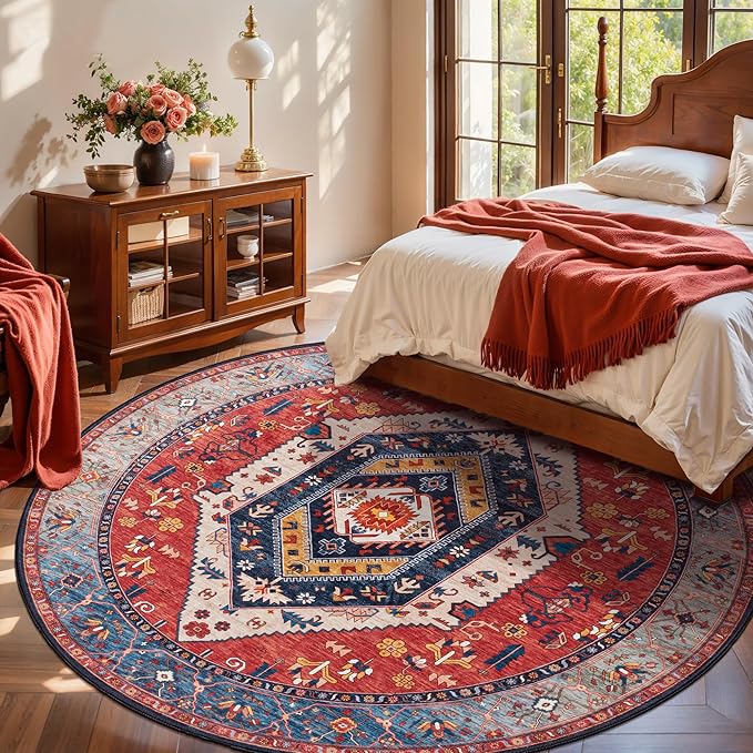 SERISSA Boho Round Area Rug, 8ft Washable Non-Slip Circle Rug, Ultra Soft Large Oriental Vintage Rust Low-Pile Circular Carpet for Living Room Bedroom Dining Room Kids Room Office College Dorm