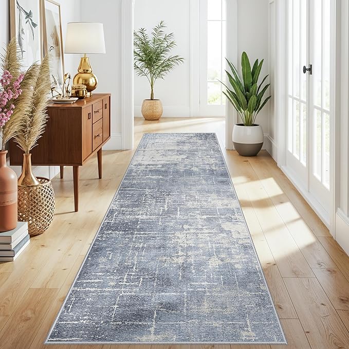 Abstract 3x10 Kitchen Rug Runners: Washable 10ft Hardwood Floor Mat Bathroom Living Room Bedroom Beside Mat Non-Slip Hallway Entry Area Rug Soft Indoor Farmhouse Carpet for Families(3x10,Blue/Ivory)