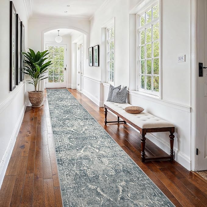 2'6"x16' Washable Hallway Runner Rug - Non Slip Kitchen Runner Rugs with Rubber Backing Vintage Low-Pile Carpet Runners for Entryway Dining Room Laundry Room Home Decor (Blue)