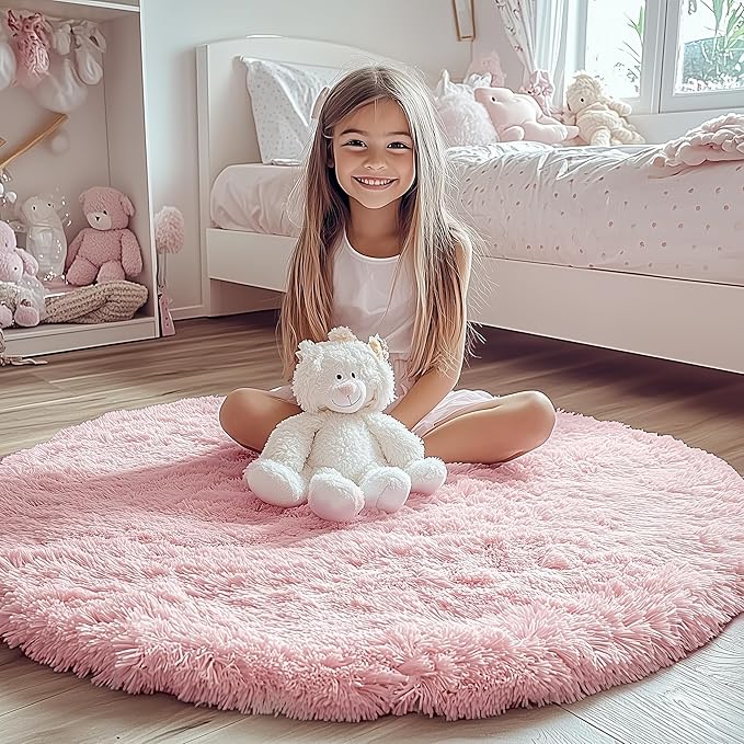 ONASAR Light Pink Round Area Rugs 3ft for Bedroom Living Room, Fluffy Cat Dog Bed Mat, Circle Rug for Kids Girls Boys Teen, Soft Plush Shaggy Carpet for Nursery Dorm Home Decor Aesthetic