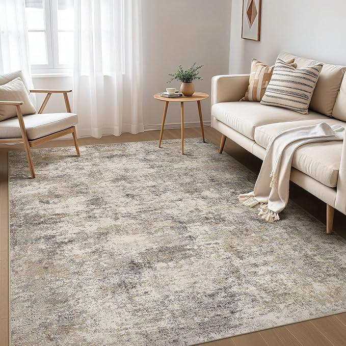 Nakagishi 7x9 Area Rugs Living Room: Washable Abstract Large Neutral Soft Rug Stain Resistant Modern Indoor Floor Non-Slip Carpet for Bedroom Nursery Kids Playroom Office Dining Room Dorm- Brown Grey