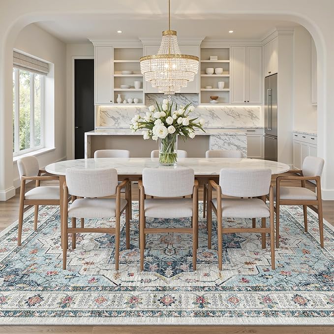 Madane Washable Rug 8x10 Area Rugs for Living Room, Ultra-Thin Non-Slip Backing Rug, Stain Resistant Vintage Large Area Rug for Bedroom (Blue, 8'x10')