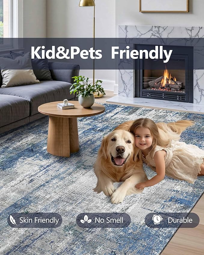 Latte&Fog 6x9 Area Rugs for Living Room Bedroom, Blue Modern Abstract Neutral Washable Rug, Boho Non Slip Low Pile Carpet for Dining Room, Dorm,College Dorm and Farmhouse -Blue Grey