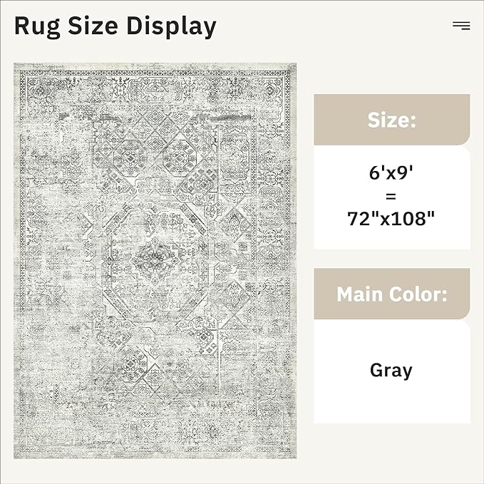 Soalmost 6x9 Area Rug for Living Room Floral Washable Non-Slip Gray Rugs for Bedroom Dinning Room Ultra-Thin Indoor Grey Rug