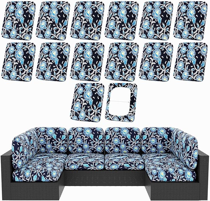 hyha 14Pcs Patio Cushion Covers, Stretch Outdoor Couch Cushion Covers, Washable Outdoor Chair/Sofa Slipcovers for Patio Furniture Cushions Protector with Elastic Bottom(Bluebell,Cover Only)
