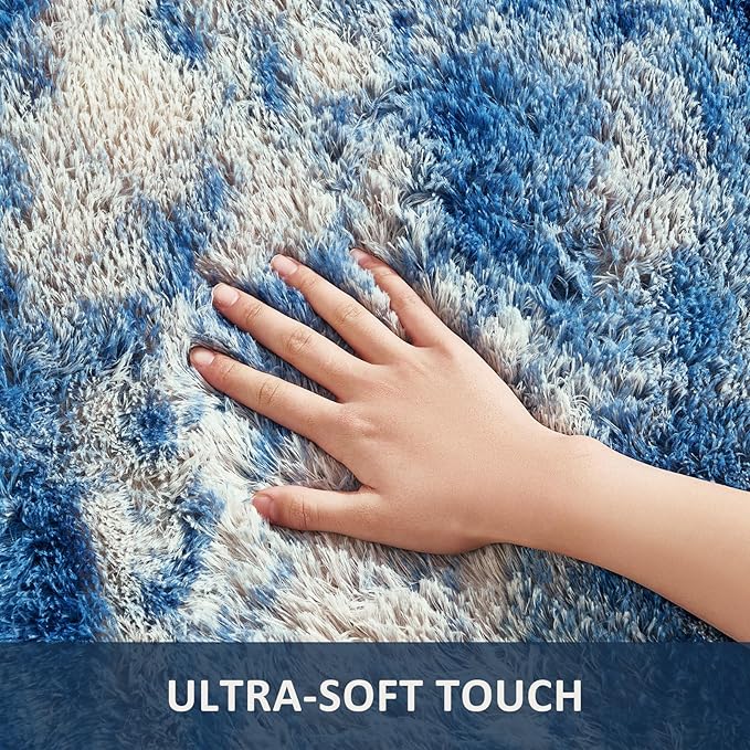Ophanie Blue White and Grey Area Rugs for Living Room 9x12, Fluffy Shag Large Fuzzy Plush Soft Carpets, Floor Shaggy Rugs for Bedroom, Carpet for Kids Boys Girls Dorm Nursery Home Decor Aesthetic