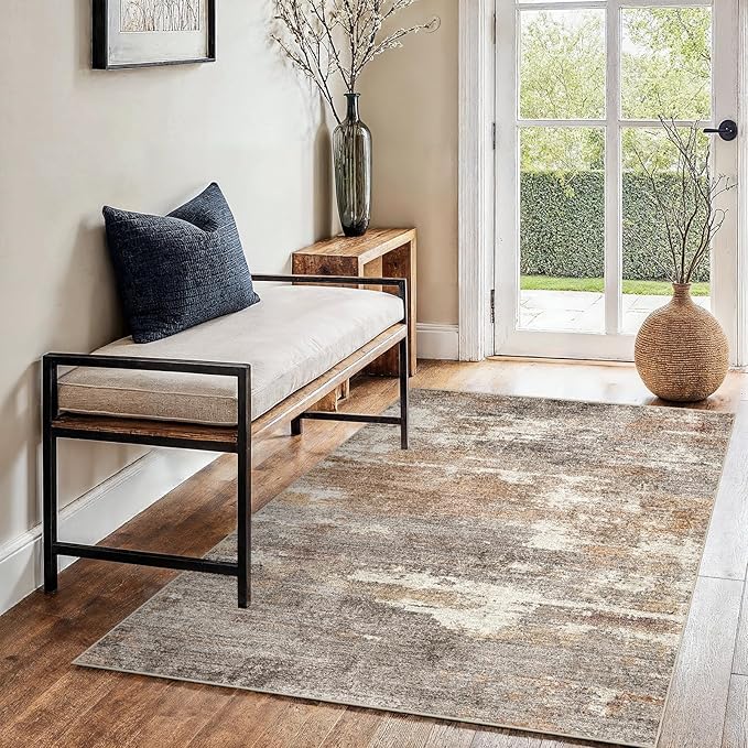 3x4 Washable Entryway Area Rug: Modern Abstract Small Runner Rug for Hallway Soft Non Slip Door Mat with Rubber Backing Low Pile Thin Floor Carpet for Kitchen Bathroom Bedroom Indoor 3x4 Brown/Brick