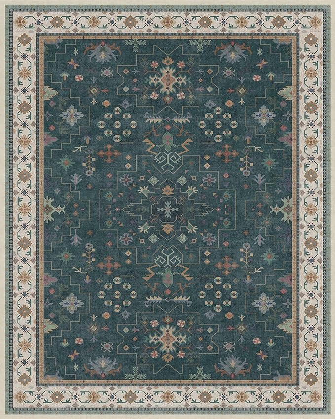 Hazo Haus Dark Green Vintage 8x10 Washable Rugs for Living Room - Dark Academia Victorian Floral Geometric Bedroom Rug, Ultra Soft Thin Low Pile Non-Slip Large Rugs for Dining Room Under Table Lounge