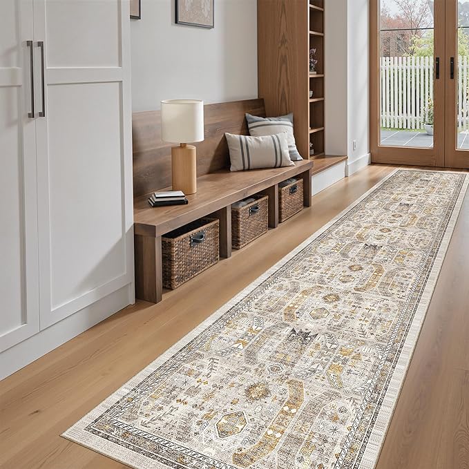 Madane Runner Rugs for Hallway 2x10 Long Washable Non-Slip Hallway Runner Rug Low-Pile Stair Kitchen Runner Throw Carpet for Entrance Living Dining Laundry Room (Brown/Gold, 2 x 10)
