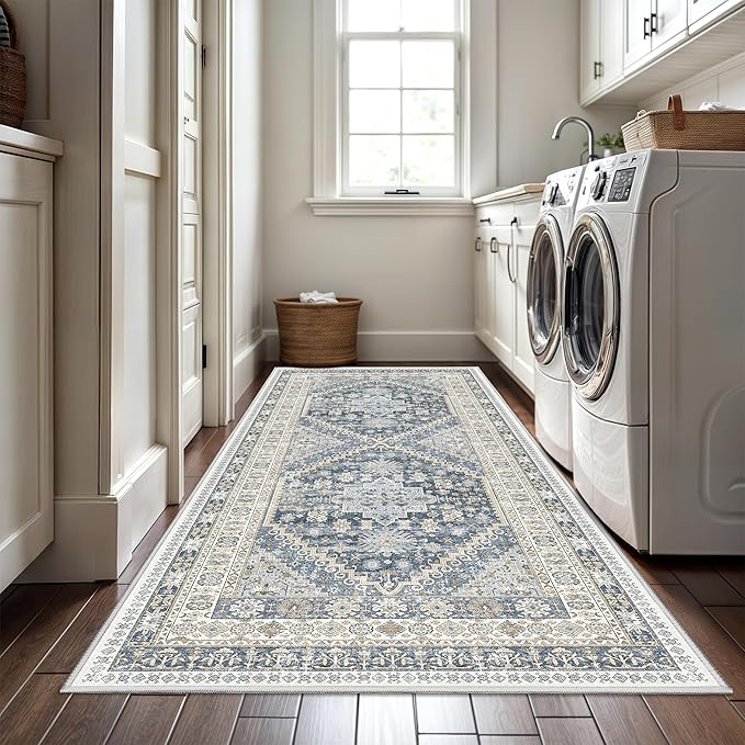 3x8 Runner Rug Non Slip Washable for Entryway, Front Porch, Vintage Hallway Runner for Laundry Room, Bedroom, Stain Resistant Thin Indoor Kitchen Mats for Floor(Blue/Beige,3'x8')
