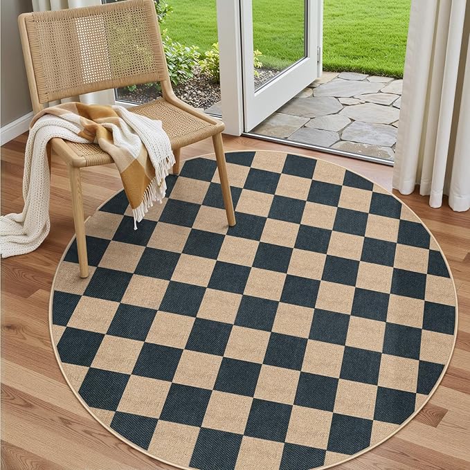 Lahome Colette Checkered Round Rugs 6ft, Outdoor Patio Easy Jute Rug Indoor Outdoor Circle Carpet, Farmhouse Nature Non Shedding Non Slip Washable Black Carpet for Living Room Entry Deck