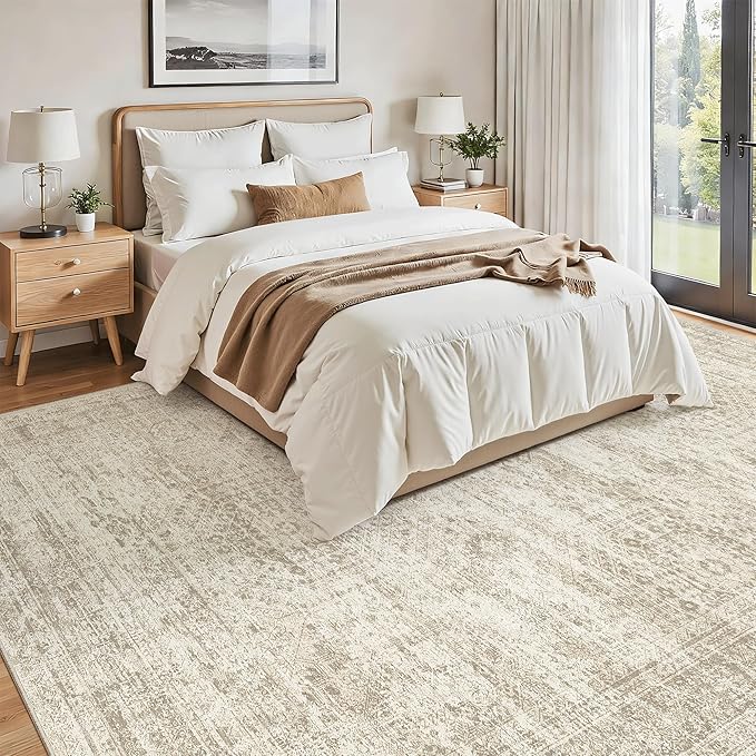 Washable Area Rug 8x12, Large Soft Rugs for Living Room Vintage Beige Carpet 8x12 Area Rugs for Bedroom Dining Room Non-Slip Stain Resistant Under Table Rug