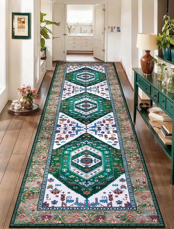 SERISSA Runner Rug for Hallways, 2'6"x10' Washable Non Slip Kitchen Runner Rug, Long Boho Rug Vintage Green White Hallway Stair Ultra Soft Print Floor Carpet for Bedroom Bathroom Laundry Room