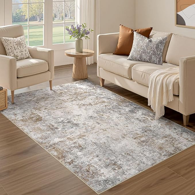 UERMEI 3x5 Area Rug Living Room Rugs - Washable Neutral Modern Abstract Soft Thin Rug Indoor Floor No Slip Rug Carpet for Bedroom Under Dining Table Home Office Decor - Brown Grey