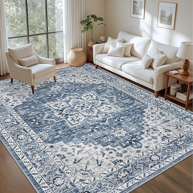 4x6 Area Rugs for Living Room: Washable Rug Soft Vintage Boho Medallion Carpet Indoor Floor Non-Slip Stain Resistant Large Carpets for Bedroom Dining Room Farmhouse Nursery Home Office Blue