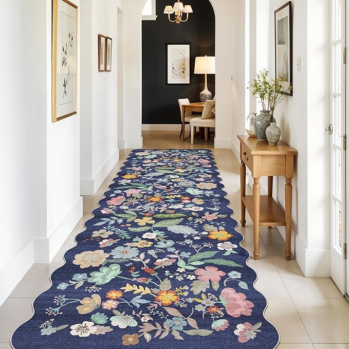 3x10 Long Hallway Runner Rug: Washable Wide 10ft Floral Low-Pile Carpet for Entryway Kitchen Non Slip Soft Living Room Bedroom Floor Mat Cute Area Rugs for Nursery Farmhouse Home Decor(3x10/Purple)