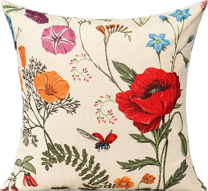 All Smiles 16 x 16 Throw Pillow Covers Outdoor Spring Summer Garden Flowers Farmhouse Outside Furniture Bench Decorative Swing Cushion Set of 4 for Patio Sofa Couch Chair
