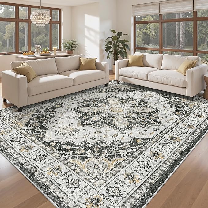 Madane Washable Rug 8x10 Area Rugs for Living Room, Ultra-Thin Non-Slip Backing Rug, Stain Resistant Vintage Large Area Rug for Bedroom (Black, 8'x10')