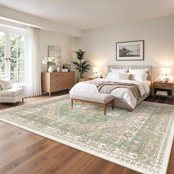 zesthome 10x14 Area Rugs,Stain Resistant Washable Rug,Ultra-Thin Rugs for Living Room,Bedroom,Non-Slip Backing Home Decor Large Area Rug (Green/Brown,10'x14')