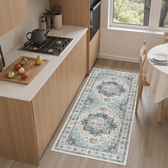 Madane Washable Area Rug 2x4, Small Entryway Rug Non-Slip Vintage Door Mat Indoor Entrance, Low Pile Floor Carpet Runner for Inside Front Door Kitchen Entry Laundry, Blue