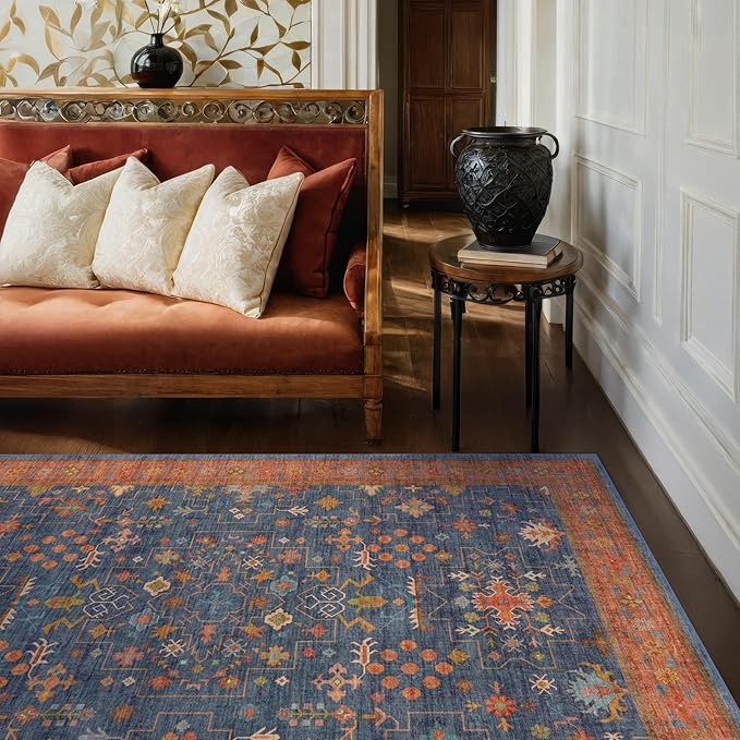 Hazo Haus Dark Blue & Terracotta 5x8 Living Room Rug - Machine Washable Area Rugs for Bedroom, Dining Room, Kitchen Floor, Small Office, Low Pile Non-Slip Rubber Backing & Stain Resistance