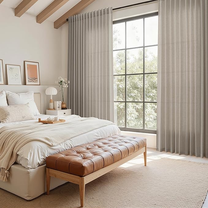 Nanspring 108 Inch Long Curtains for Living Room Grey Beige Linen Simple Modern Light Filtering Semi Sheer Curtain Back Tab Boho Neutral Gray Floor to Ceiling High Window for Bedroom 52x108,2 Panels