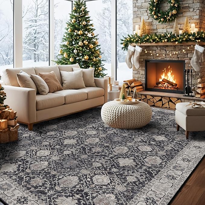 Vintage 10x14 Washable Area Rug: Large Living Room Rugs Indoor Soft Stain Resistant Carpet with Non-Slip Backing for Bedroom Dining Room Farmhouse Low Pile Floor Mat for King Size Bed (10x14 Black)