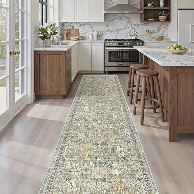 Madane Hallway Runner Rug 2x12, Extra Long Washable Runner Rugs with Rubber Backing, Non Slip Carpet Runner, Vintage Rug Runners for Kitchen Laundry Room Entryway (Green/Gold, 2'x12')