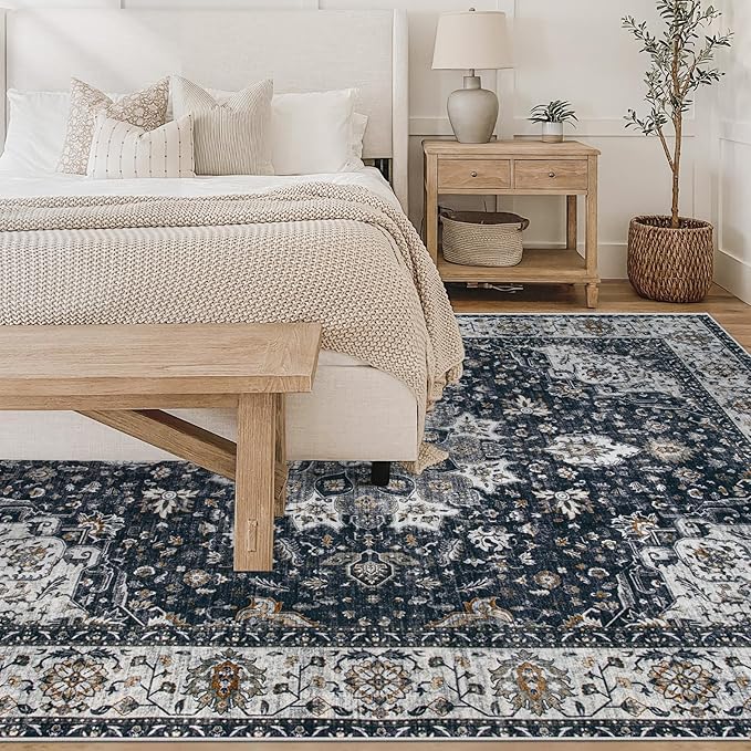 Area Rug 6x9 Washable Rug, Vintage Boho Medallion Rugs Non-Slip Soft Low Pile Large Distressed Rug Indoor Retro Carpet for Living Room Bedroom Dining Room Home Office (Vintage Black, 6'x9')