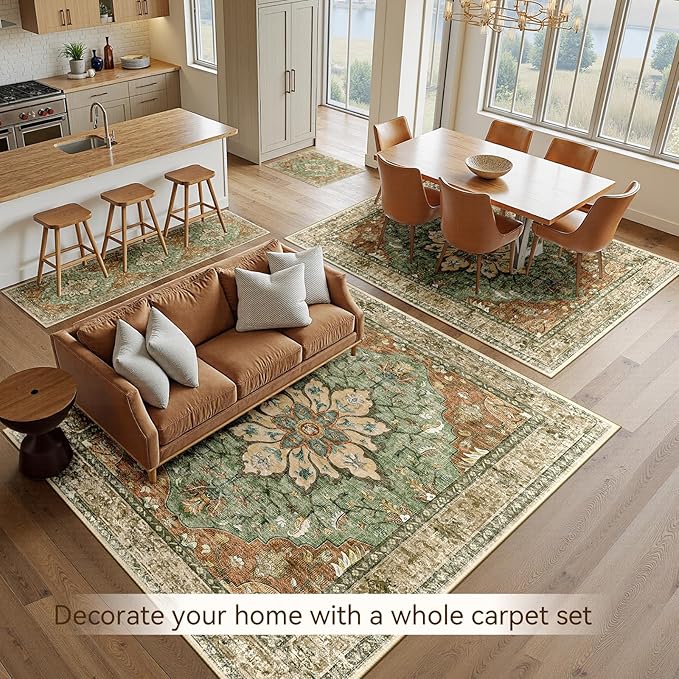 RELEANY Area Rugs 6'x9' Washable Non-Slip, Floral Vintage Distress Print Pattern Medallion Carpet for Living Room Bedroom Dining Room, Brick Red Rust Neutral Brown Burnt Orange Green