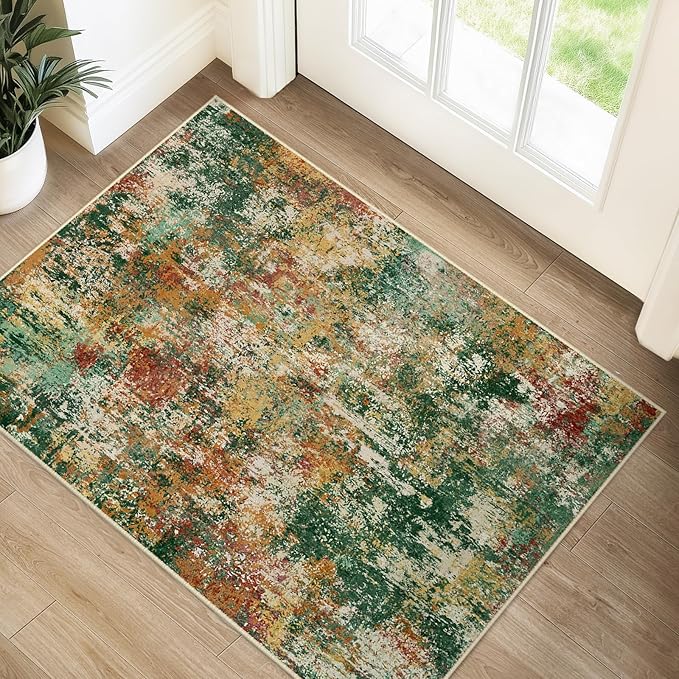 Washable Area Rugs 2'x3' Non-Slip Modern Abstract Soft for Living Room Entryway Bedroom Nursery, Print Pattern, Green Orange Rust Red Cream Colorful