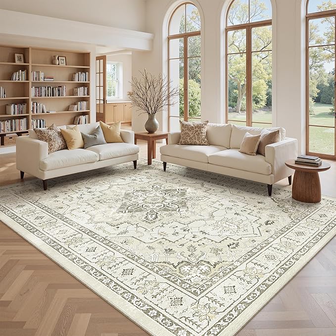 zesthome Area Rug 8x10,Ultra-Thin Washable Rugs for Living Room, Non-Slip Backing Area Rugs,Small Entryway Rug,Vintage Medallion Pattern Rugs (Beige,8'x10')