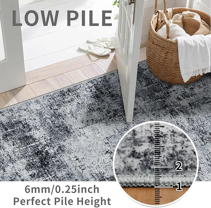 3x6 Washable Entryway Runner Rug: Non Slip Wide Hallway Runners Easy-to-Clean - Soft Living Room Bedroom Kitchen Carpet - Thin Low Pile Printed Floor Mat for Dining Room Black Grey