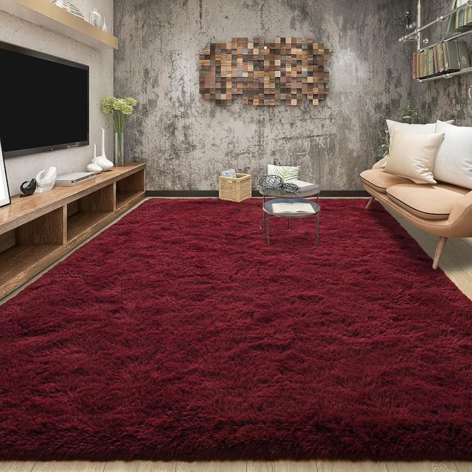 Tepook Soft Fluffy Rugs for Bedroom, 4x6 Area Rug for Living Room, Modern Shaggy Room Rug for Kids Boys Girls, Plush Throw Rugs Indoor Nursery Home Decor Rug with Non-Slip Bottom, Burgundy Red