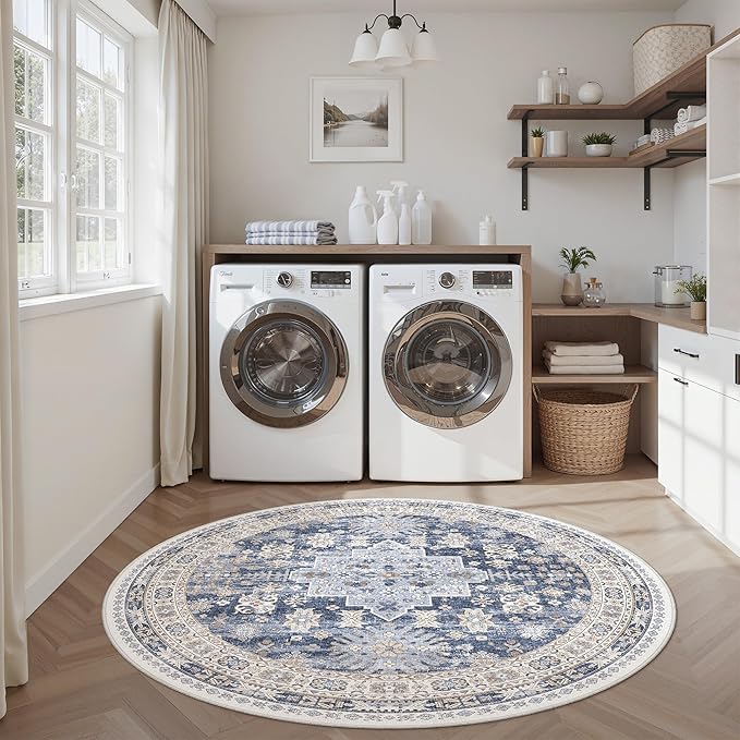 zesthome Washable Round Rug - 5ft Ultra-Thin Circle Area Rugs, Vintage Non-Slip Low Pile Rug for Living Room, Stain Resistant Rug for Bedroom, Entryway, Kitchen, Nursery