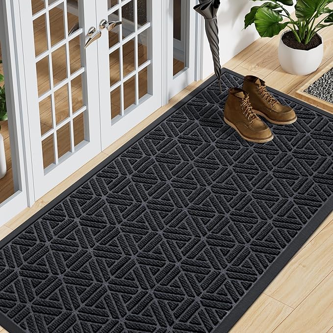 Smiry Front Door Mat Outside Entrance, Heavy Duty Sturdy Natural Rubber Doormat, Trap Dirt and Moisture, Easy Clean Low Profile Mats for Indoor Outdoor Entry, Grid Geometric (59x23, Black)