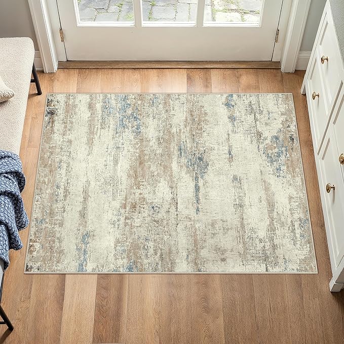 2x3 Area Rug Washable Beige Brown Abstract Modern Neutral Entryway Carpet Non Slip Soft Low Pile Door Mat Contemporary Aesthetic Small Rug for Bathroom Laundry Kitchen Dining Room