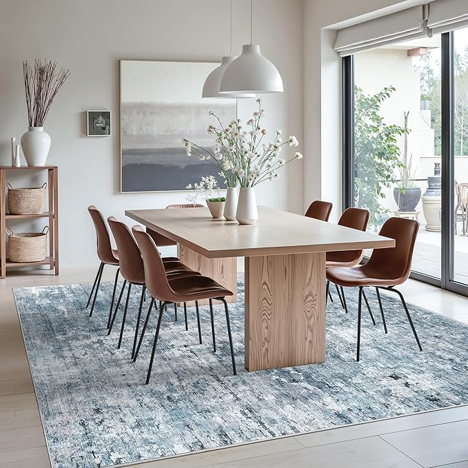 Abstract Rug 8x10 Large Living Room Rugs Neutral Modern Washable Area Rugs for Bedroom Dining Room Non-Slip Stain Resistant Foldable Thin Blue
