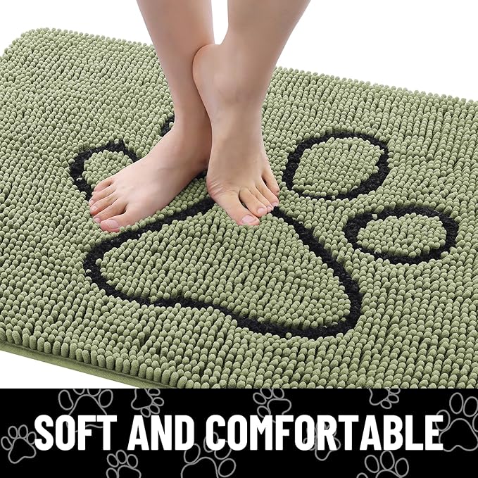 Smiry Dog Door Mat for Muddy Paws, Absorbent Dirt Trapper Non Slip Quick Dry Washable Chenille Mat for Mud Dogs, Entry Rug for Indoor and Outdoor (48x30 Inches, Sage Green and Black)