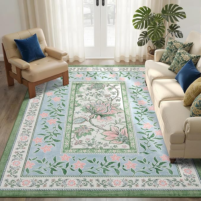 GarveeHome Blue Green Pink 8x10 Area Rugs for Living Room, Botanical Grove Cottagecore Washable Rug for Bedroom Dining Nursery Low-Pile Vintage Large Carpet