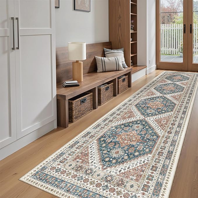 Madane Hallway Runner Rug 2'6''x10' Kitchen Runner, Non Slip Vintage Runners for Hallways Washable Kitchen Rugs Soft Low Pile 2.5x10 ft Rug Runner for Laundry Room, Entryway and Bedroom, Navy Blue