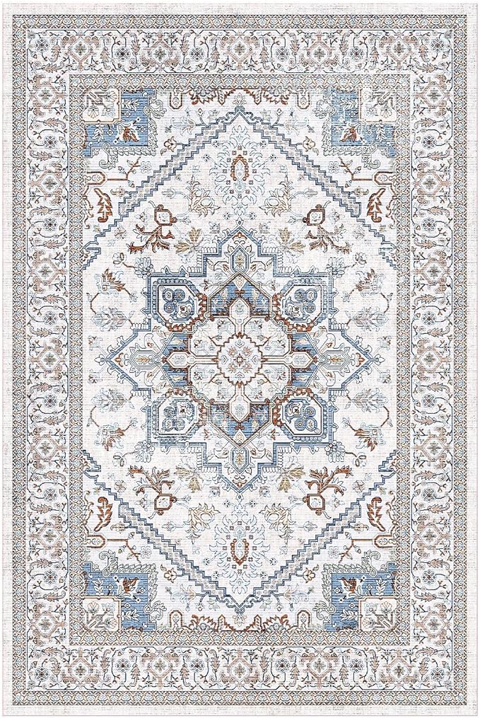 OPPODREAM Soft Neutral Area Rugs 4x6, Low-Pile Washable Rugs 4x6 with Non Slip Backing, Faux Cashmere 4 x 6 Throw Carpet, Cream White & Blue & Light Brown