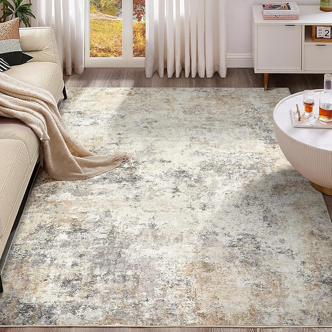 UERMEI 7x9 Area Rug Living Room Rugs - Washable Neutral Modern Abstract Soft Thin Large Rug Indoor Floor No Slip Rug Carpet for Bedroom Under Dining Table Home Office Decor - Golden Grey