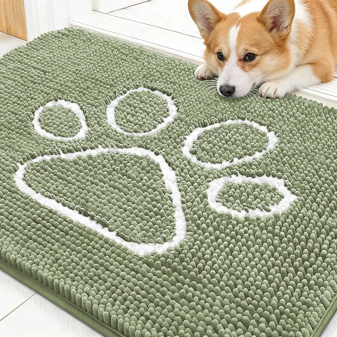 OLANLY Dog Door Mat for Muddy Paws 30x20, Paw Print Design, Absorbs Moisture and Dirt, Non-Slip Washable Doormat, Quick Dry Chenille Mud Mat for Dogs, Entry Indoor Entryway Carpet, Sage Green