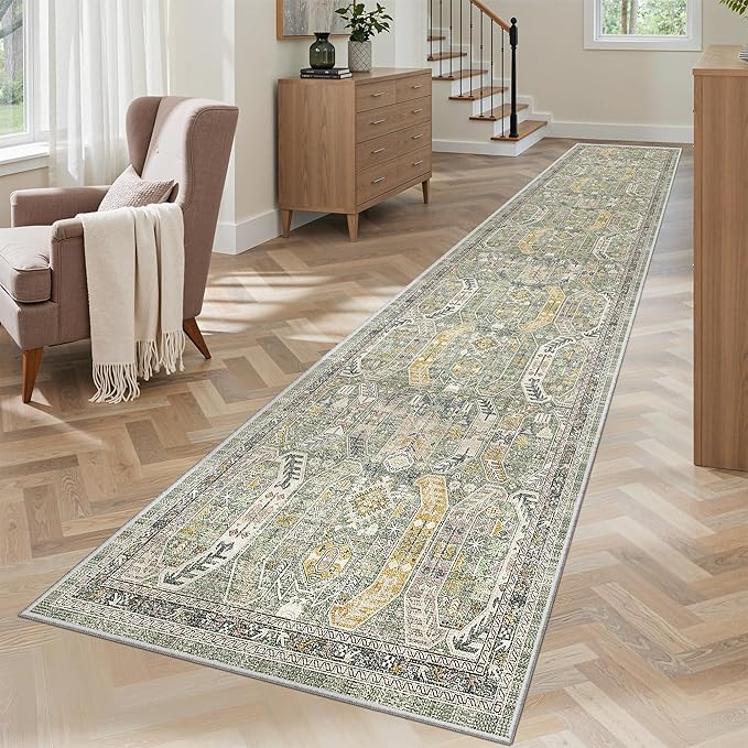 Madane Runner Rugs for Hallway 2x10 Long Washable Non-Slip Hallway Runner Rug Low-Pile Stair Kitchen Runner Soft Throw Carpet for Entrance Living Dining Laundry Room (Green/Gold, 2 x 10)